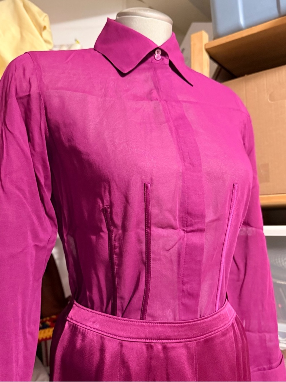 Ann Taylor Hot Pink Satin Long-Sleeve Shirt Dress - Picture 3 of 13